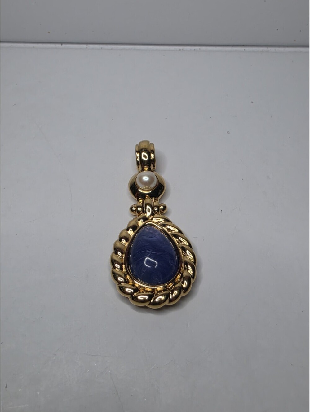 Vintage MONET Signed Gold Tone Faux Lapis Blue Cabochon Teardrop Pearl Pendant